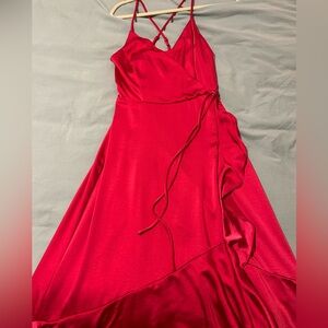 Hot pink fuschia elegant maxi dress with adjustable cross straps and slit